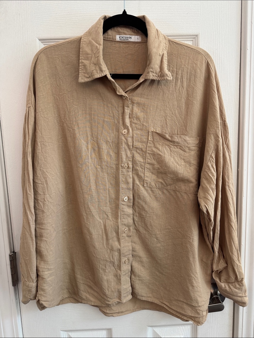 STATESIDE Linen Button Up Shirt Tan Khaki Size Large